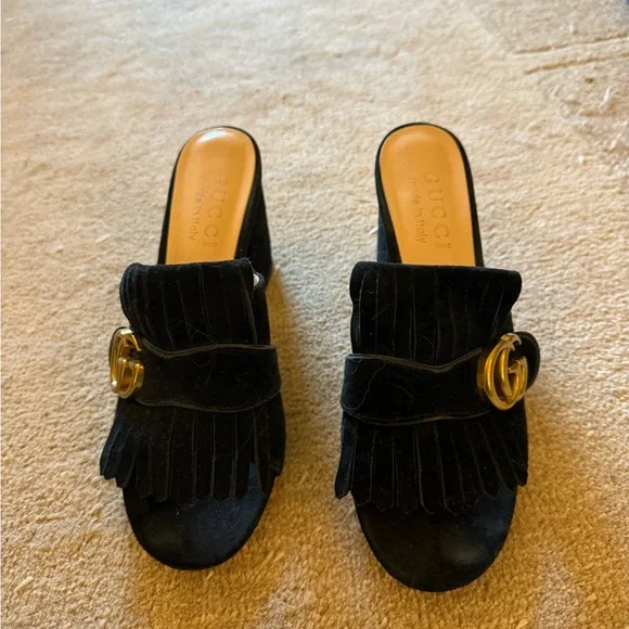 Gucci Black Suede Fringe Block Heel Mules with Gold GG - Picture 3 of 4